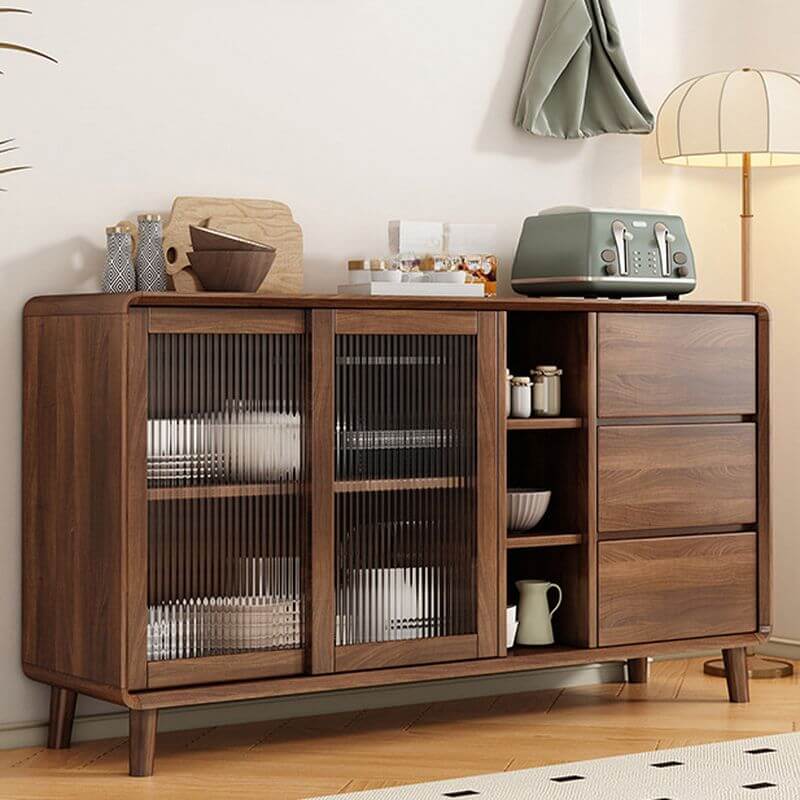 Modern Brown Wood Sideboard with Glass Cabinet and Drawers