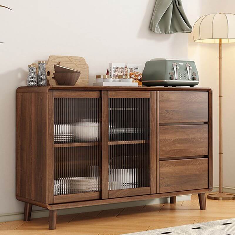 Modern Brown Wood Sideboard with Glass Cabinet and Drawers