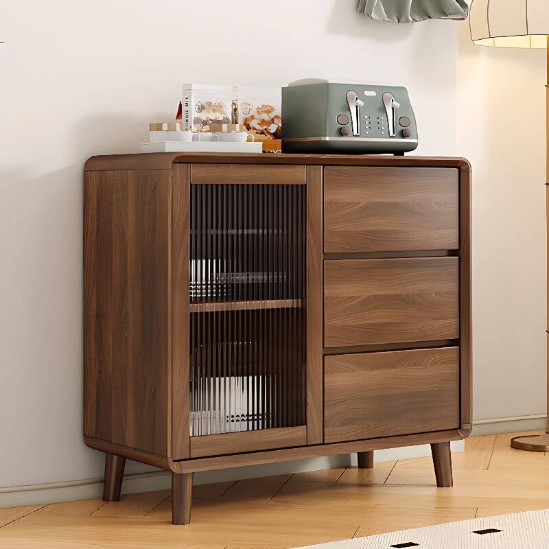 Modern Brown Wood Sideboard with Glass Cabinet and Drawers Main Product Image