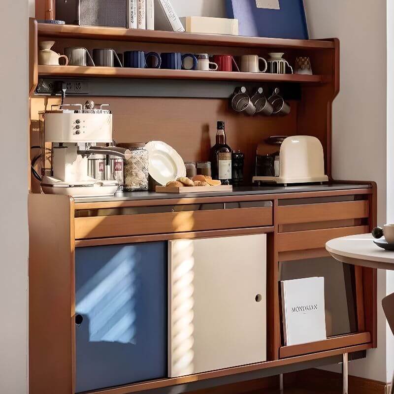 Modern Brown Wood Sideboard with Open Shelves and Stone Top サブ画像