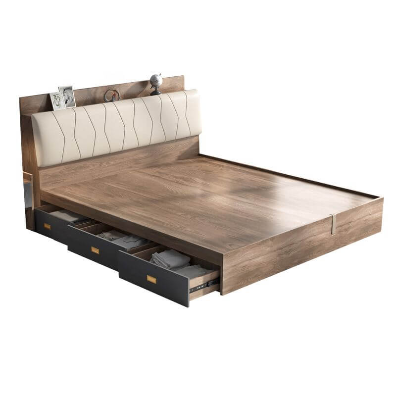 Modern Brown Wood Storage Bed With Upholstered Headboard