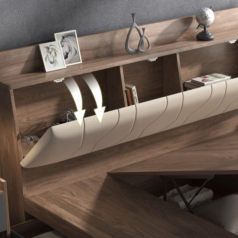 Modern Brown Wood Storage Bed With Upholstered Headboard