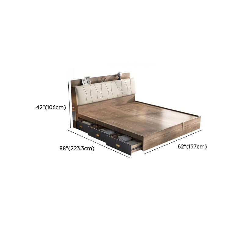 Modern Brown Wood Storage Bed With Upholstered Headboard Dimensions