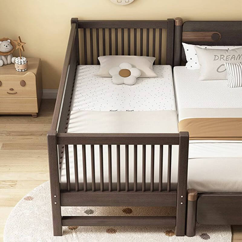 Modern Brown Wooden Kids Bed with Mattress and Safety Guardrails