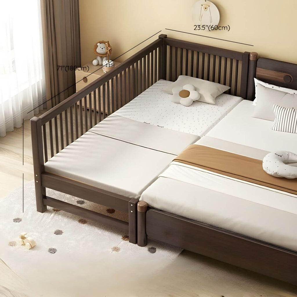 Modern Brown Wooden Kids Bed with Mattress and Safety Guardrails Dimensions