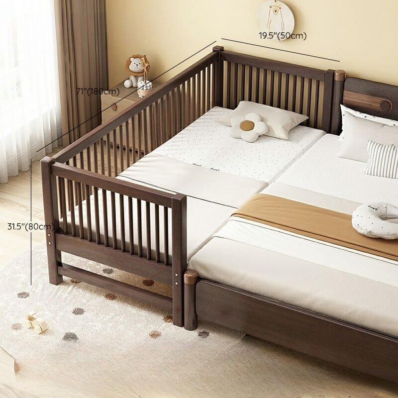 Modern Brown Wooden Kids Bed with Mattress and Safety Guardrails Dimensions