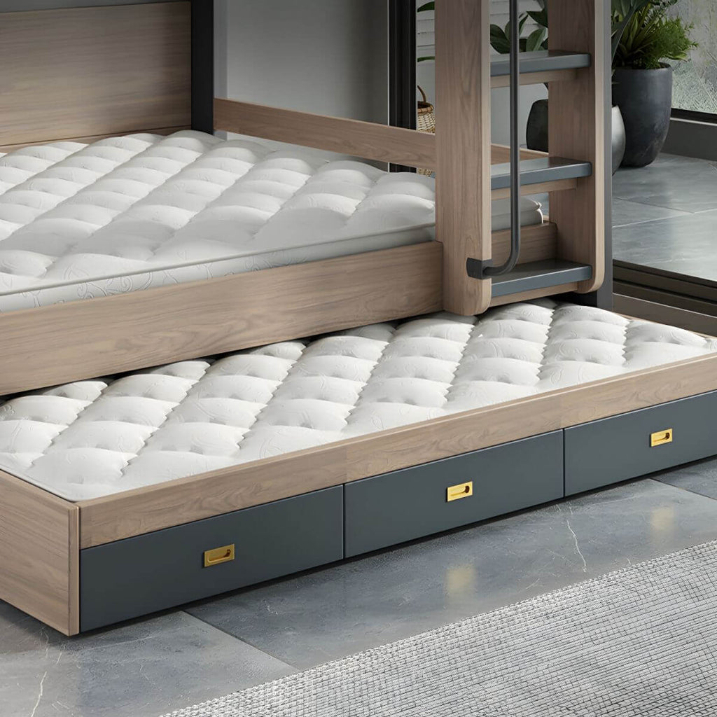 Modern Bunk Bed with Bookshelf and Ladder in Medium Wood Finish