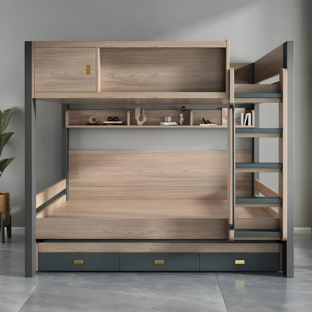 Modern Bunk Bed with Bookshelf and Ladder in Medium Wood Finish Imagen principal del producto