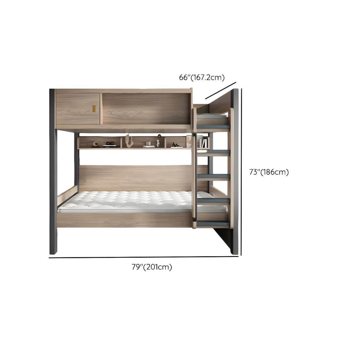 Modern Bunk Bed with Bookshelf and Ladder in Medium Wood Finish Dimensions