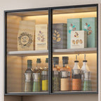 Modern Cream Gray Wood Sideboard/Credenza with Open Storage and Lighting