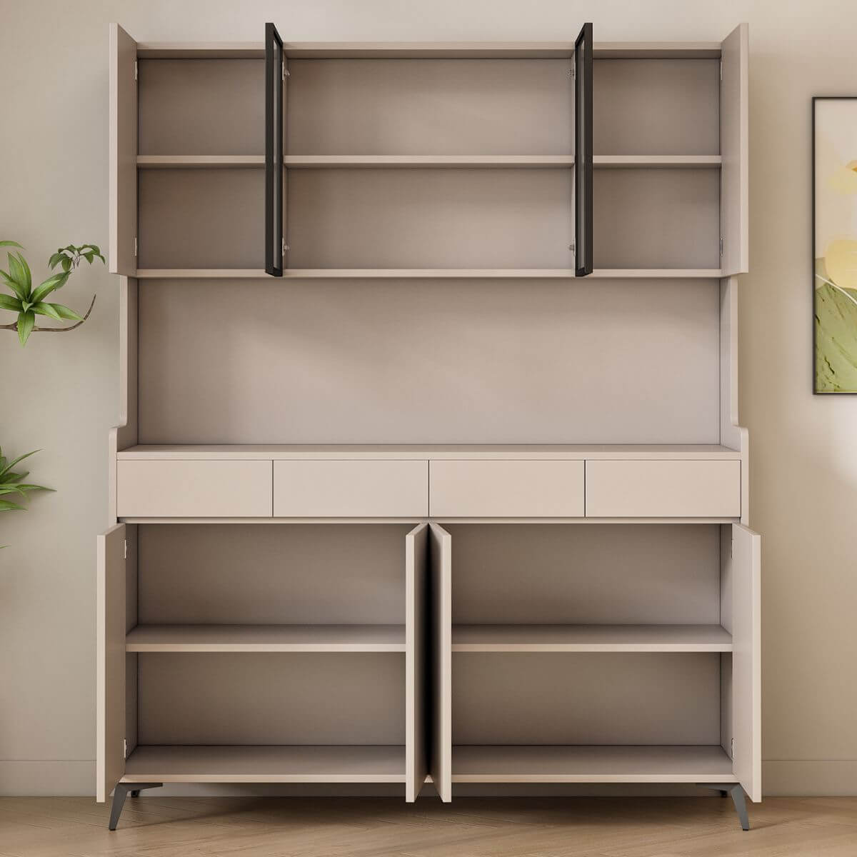 Modern Cream Gray Wood Sideboard/Credenza with Open Storage and Lighting Secondary image