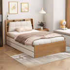 Modern Cream White Upholstered Storage Bed with Wood Slat Base and Open Shelving