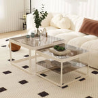 Modern Double-Layer Nesting Coffee Tables with Glass Top and Metal Frame
