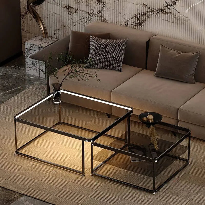 Modern Double-Layer Nesting Coffee Tables with Glass Top and Metal Frame
