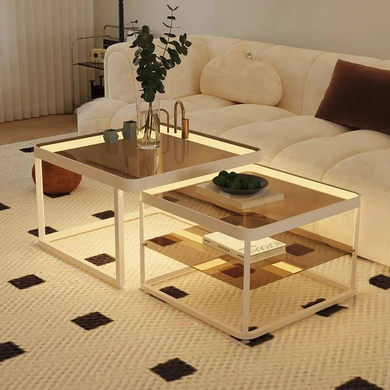 Modern Double-Layer Nesting Coffee Tables with Glass Top and Metal Frame