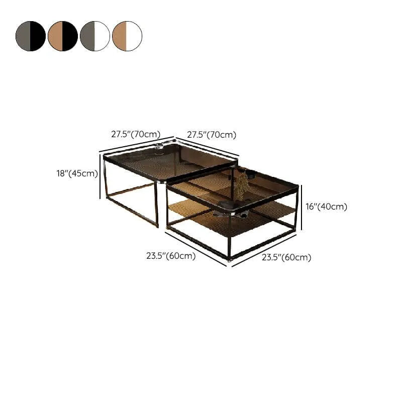 Modern Double-Layer Nesting Coffee Tables with Glass Top and Metal Frame Dimensions
