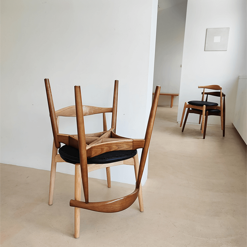 Modern Elbow Dining Chair Set, Ash Wood & Leather, 2 Pack