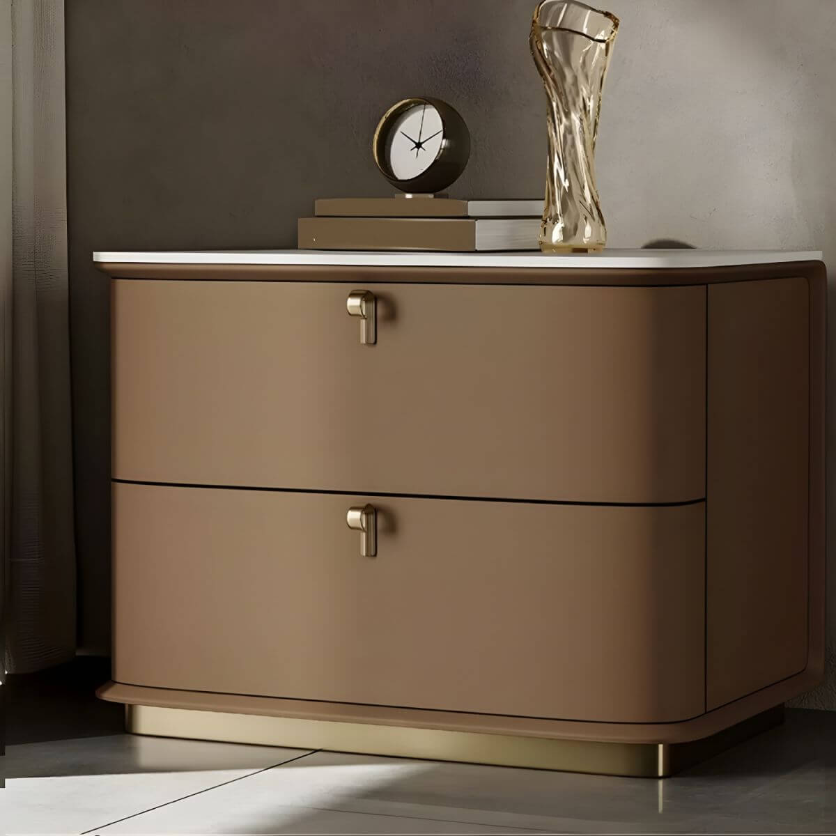 Modern Faux Leather Drawer Storage Nightstand with Stone Top