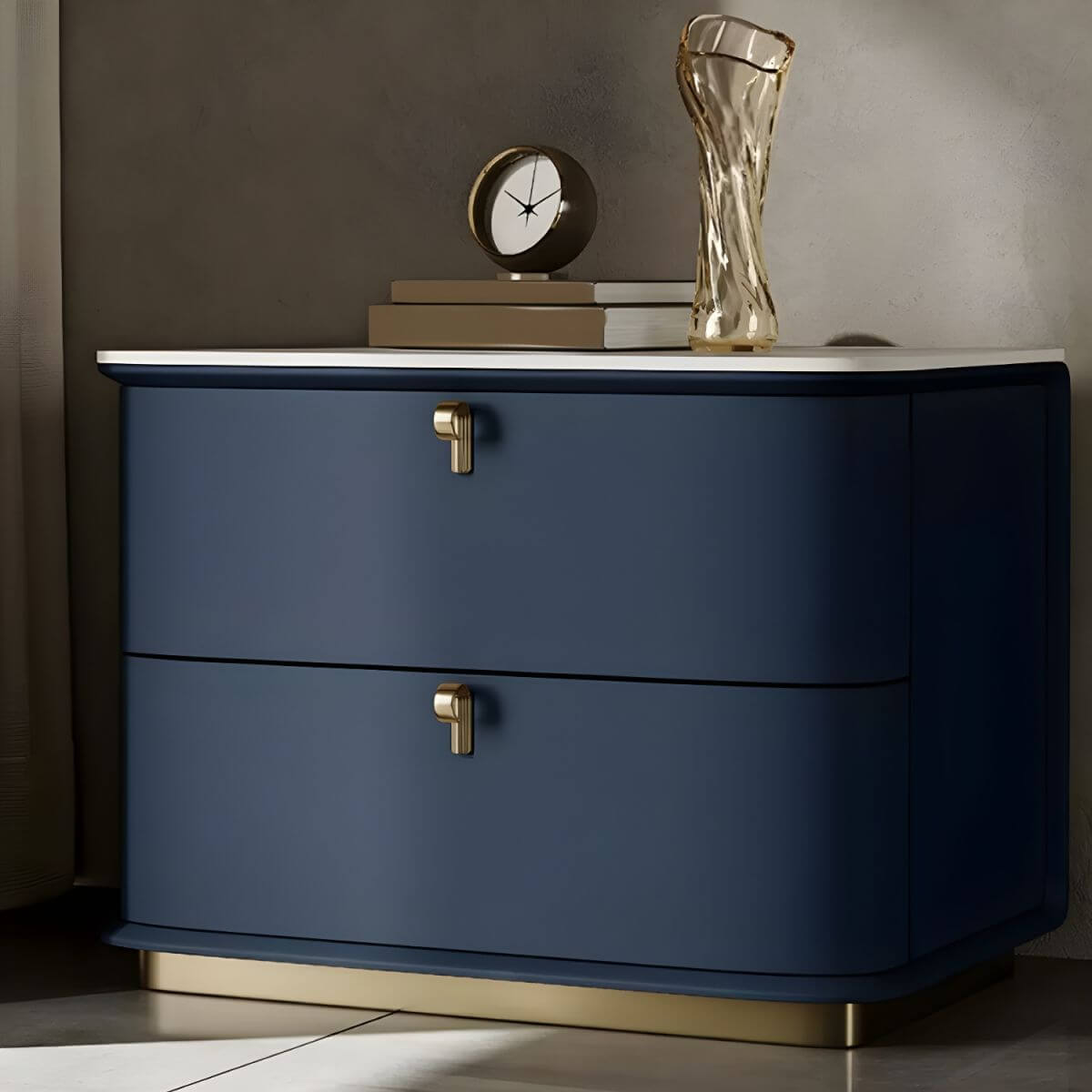 Modern Faux Leather Drawer Storage Nightstand with Stone Top