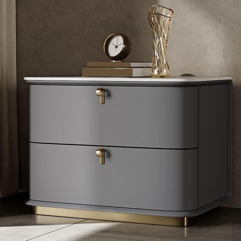 Modern Faux Leather Drawer Storage Nightstand with Stone Top