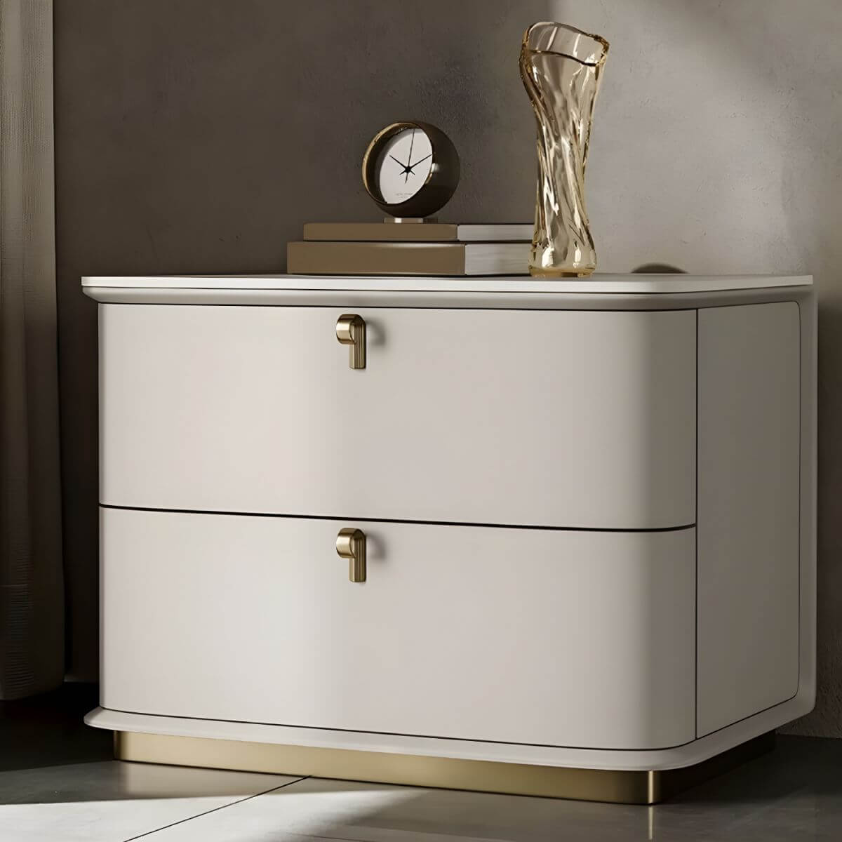 Modern Faux Leather Drawer Storage Nightstand with Stone Top