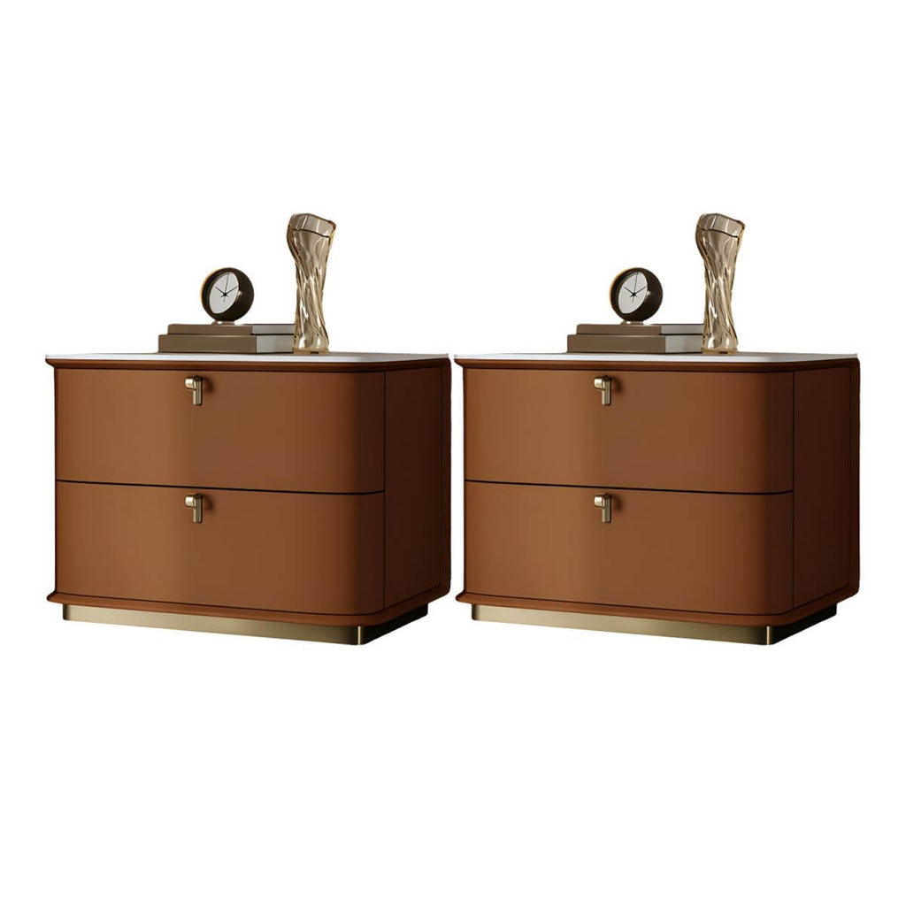 Modern Faux Leather Drawer Storage Nightstand with Stone Top