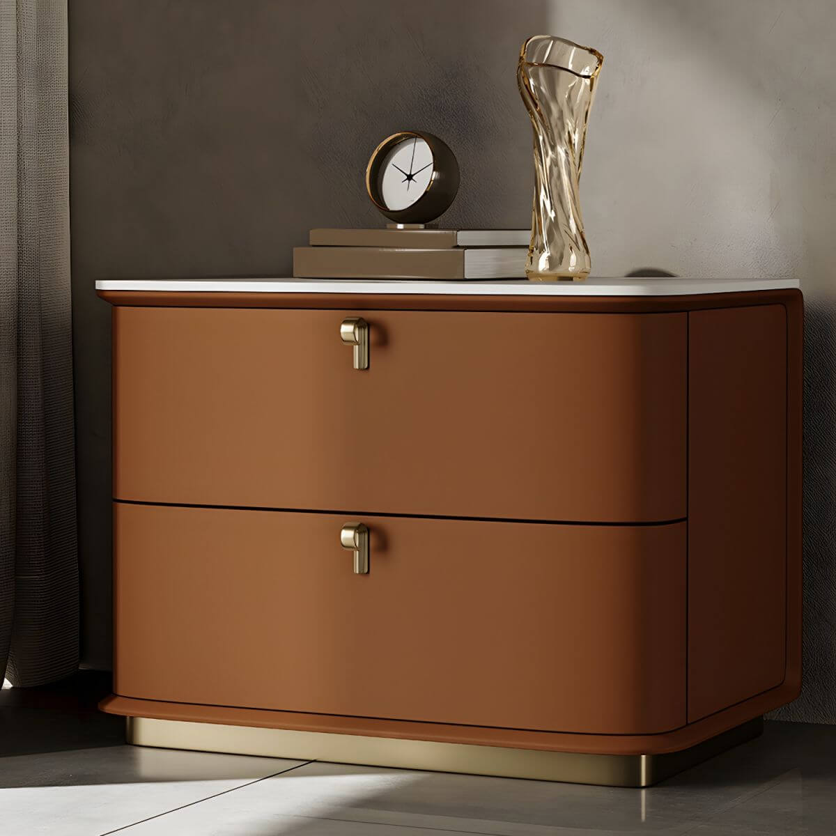 Modern Faux Leather Drawer Storage Nightstand with Stone Top