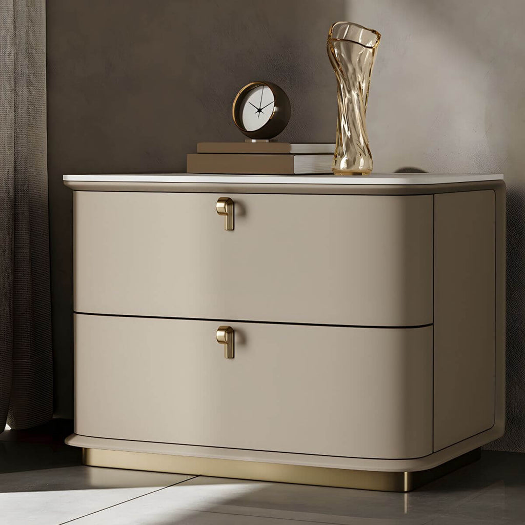 Modern Faux Leather Drawer Storage Nightstand with Stone Top