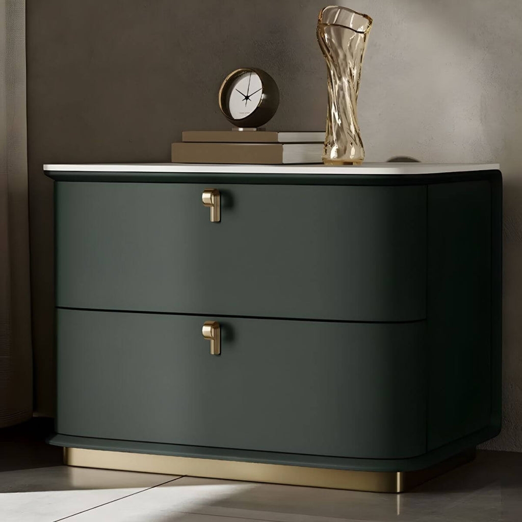 Modern Faux Leather Drawer Storage Nightstand with Stone Top