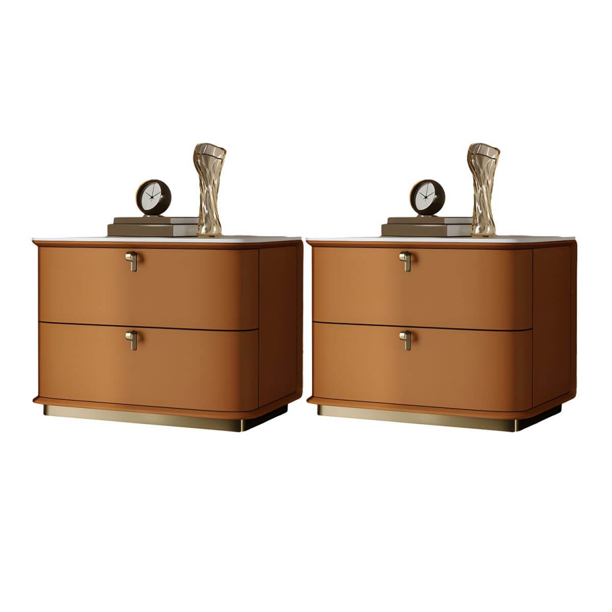 Modern Faux Leather Drawer Storage Nightstand with Stone Top