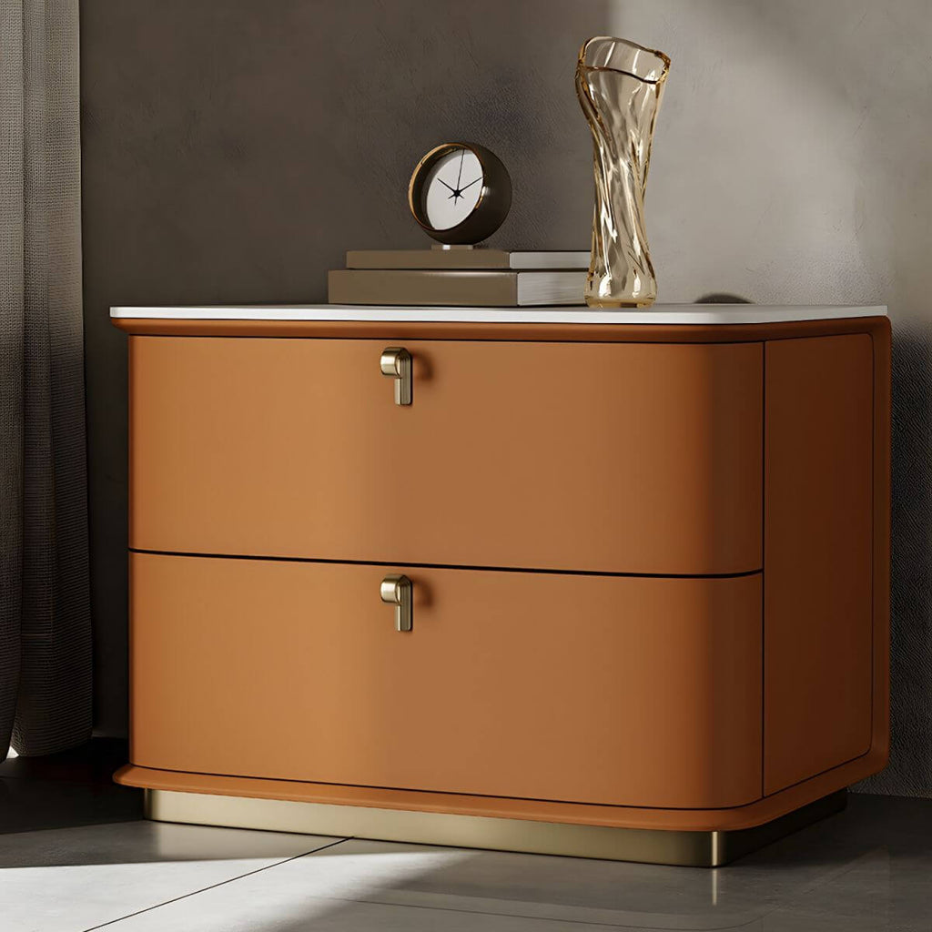 Modern Faux Leather Drawer Storage Nightstand with Stone Top