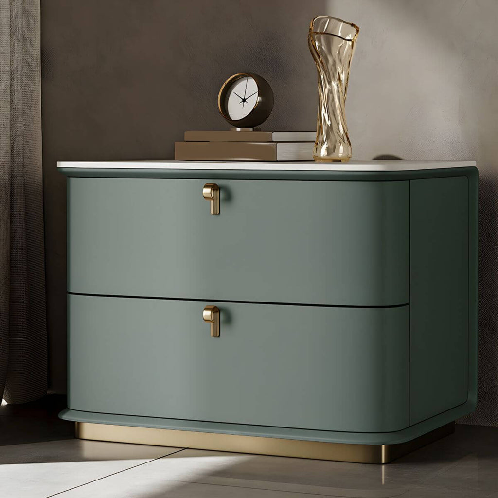 Modern Faux Leather Drawer Storage Nightstand with Stone Top