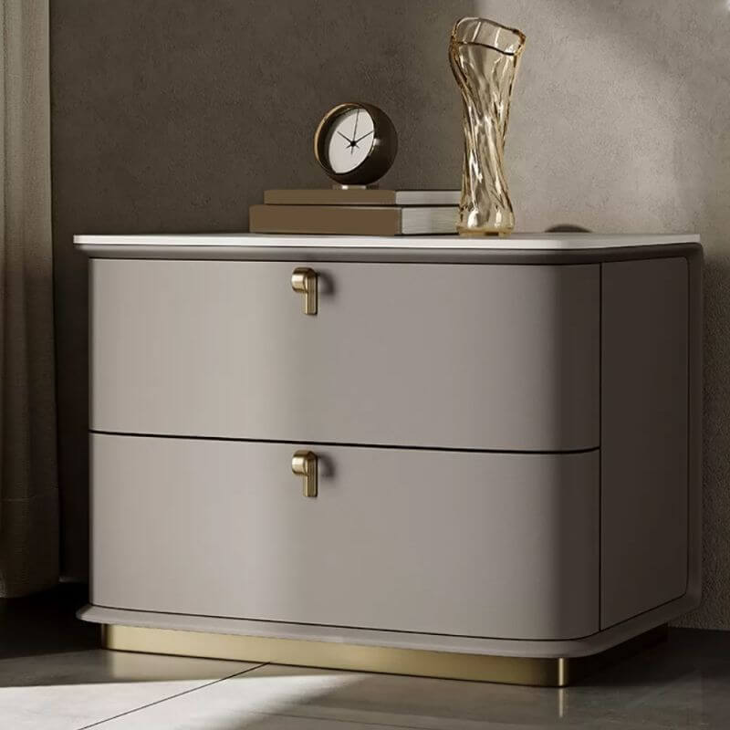 Modern Faux Leather Drawer Storage Nightstand with Stone Top