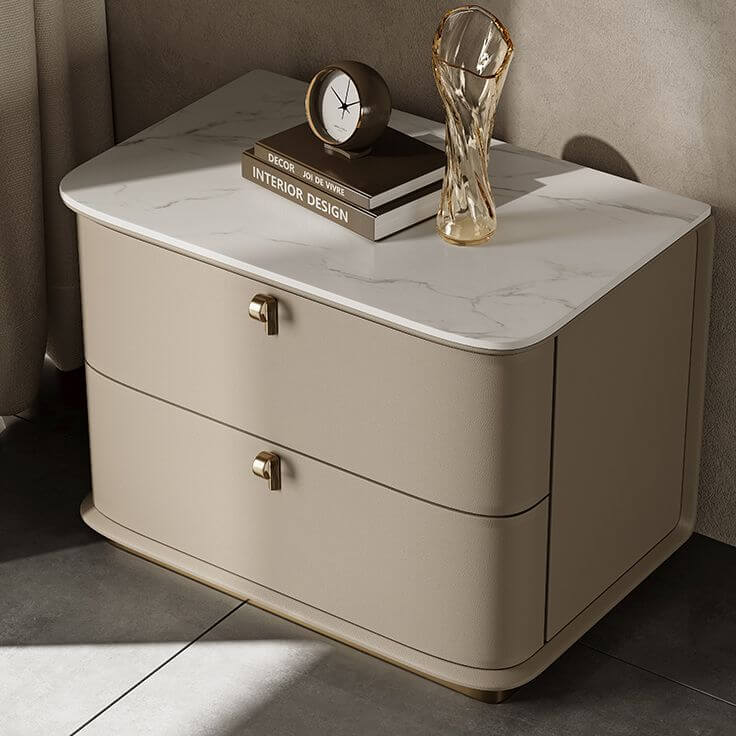 Modern Faux Leather Drawer Storage Nightstand with Stone Top Secondary image