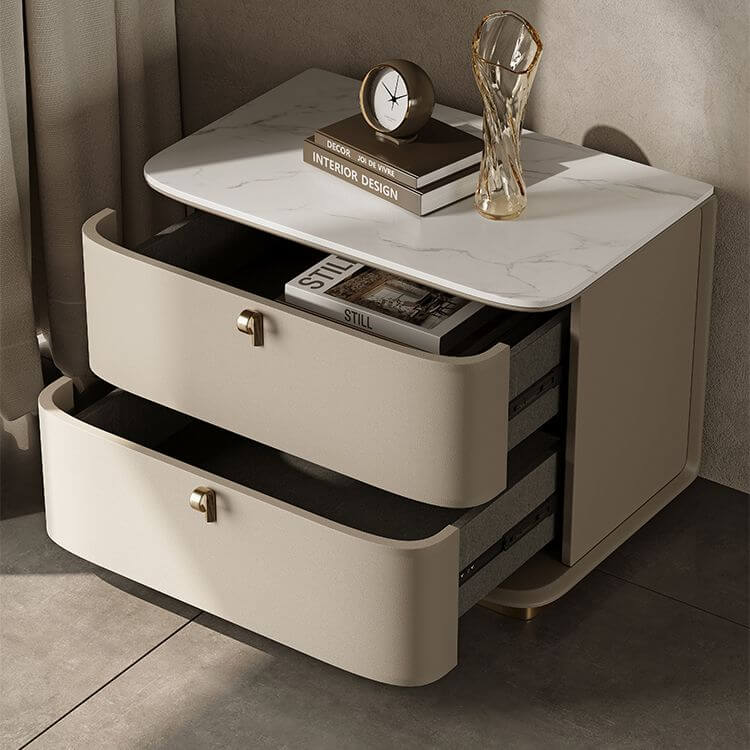Modern Faux Leather Drawer Storage Nightstand with Stone Top