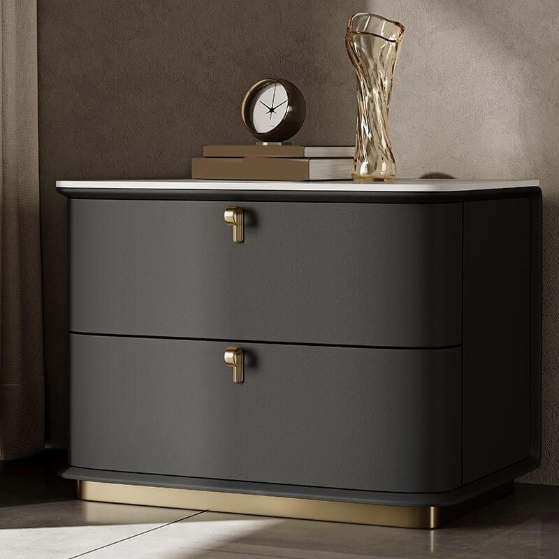 Modern Faux Leather Drawer Storage Nightstand with Stone Top