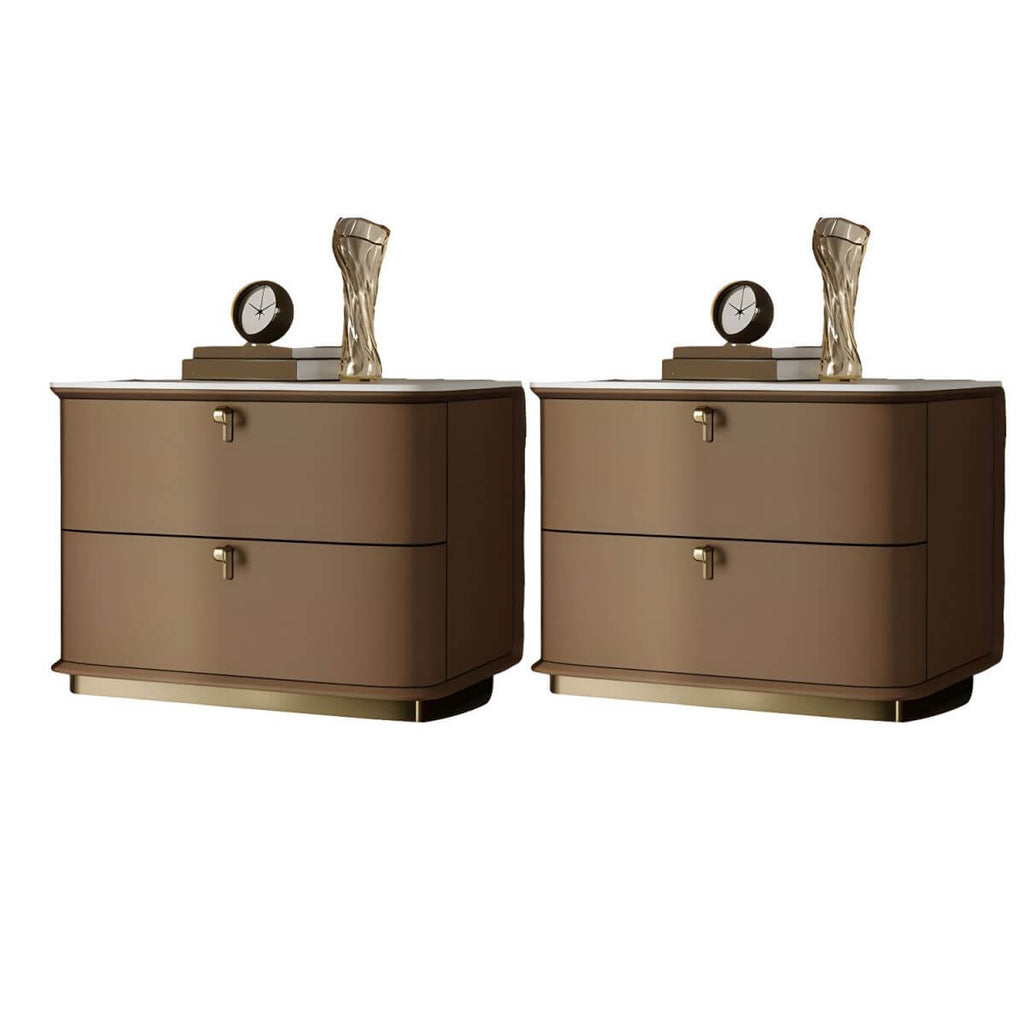 Modern Faux Leather Drawer Storage Nightstand with Stone Top