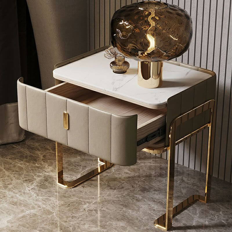 Modern Faux Leather Drawer Storage With Stone Top