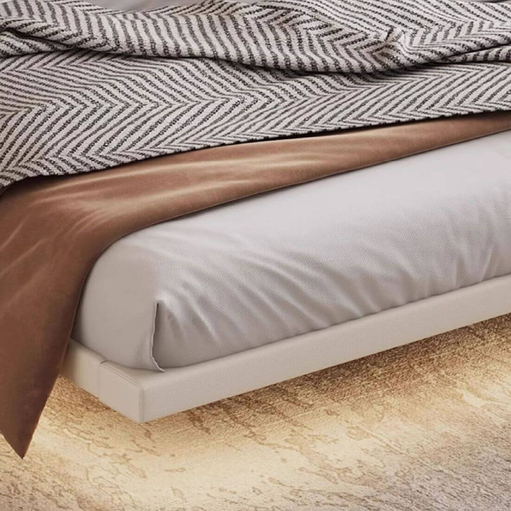 Modern Floating Bed with Soft Fabric Headboard and LED Lights