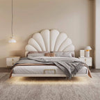 Modern Floating Bed with Soft Fabric Headboard and LED Lights
