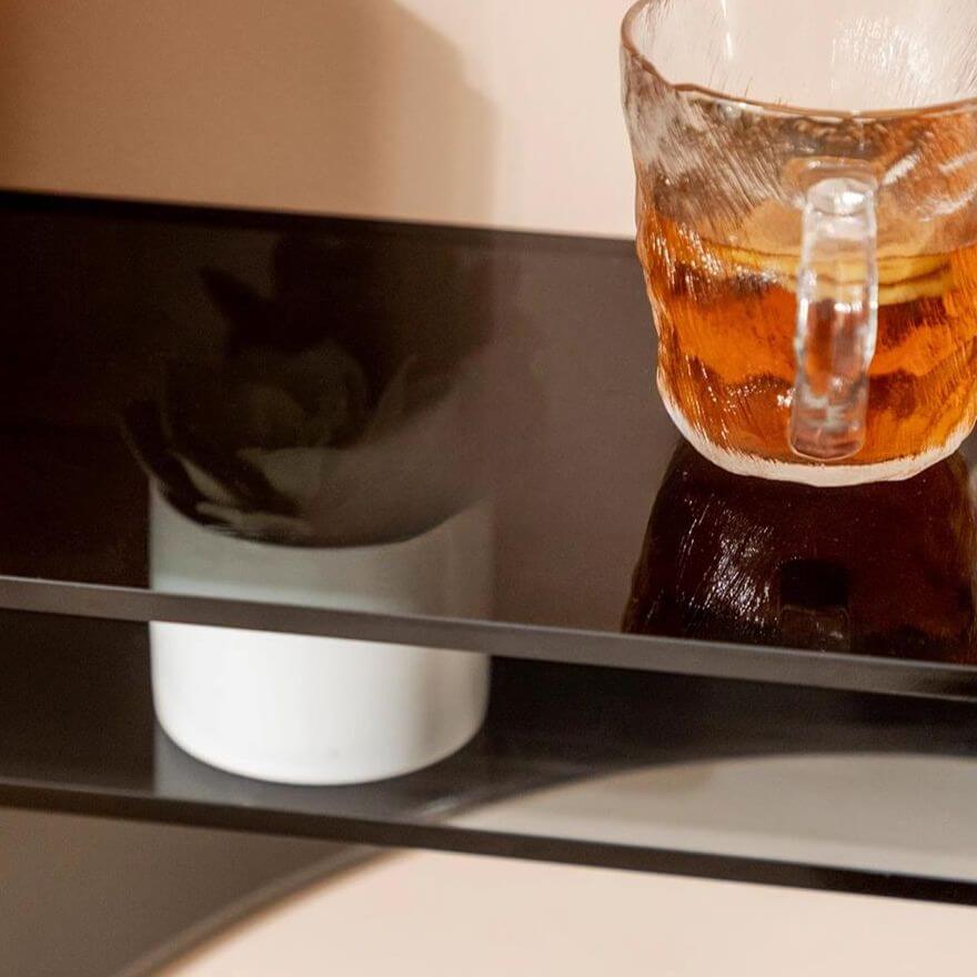 Modern Floating Lucite Console Table in Glossy Black with Curved Twin Supports