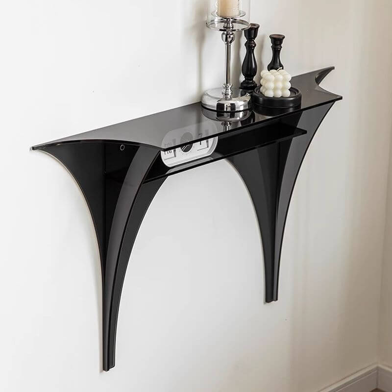 Modern Floating Lucite Console Table in Glossy Black with Curved Twin Supports Main Product Image Main image