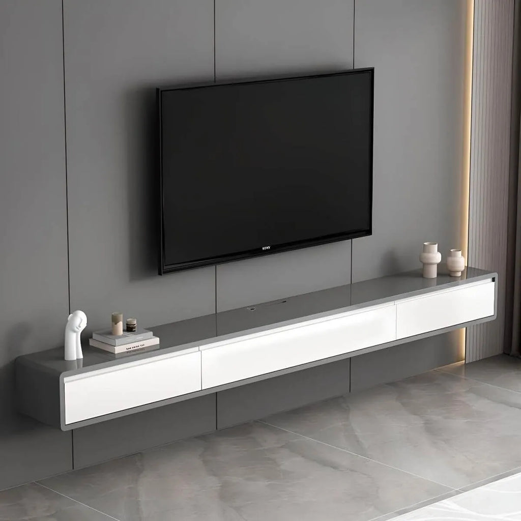 Modern Floating Rubber Wood TV Stand with Hidden Storage & Cable Management