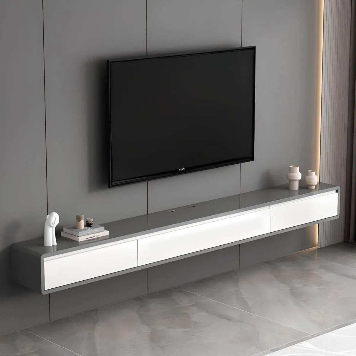 Modern Floating Rubber Wood TV Stand with Hidden Storage & Cable Management