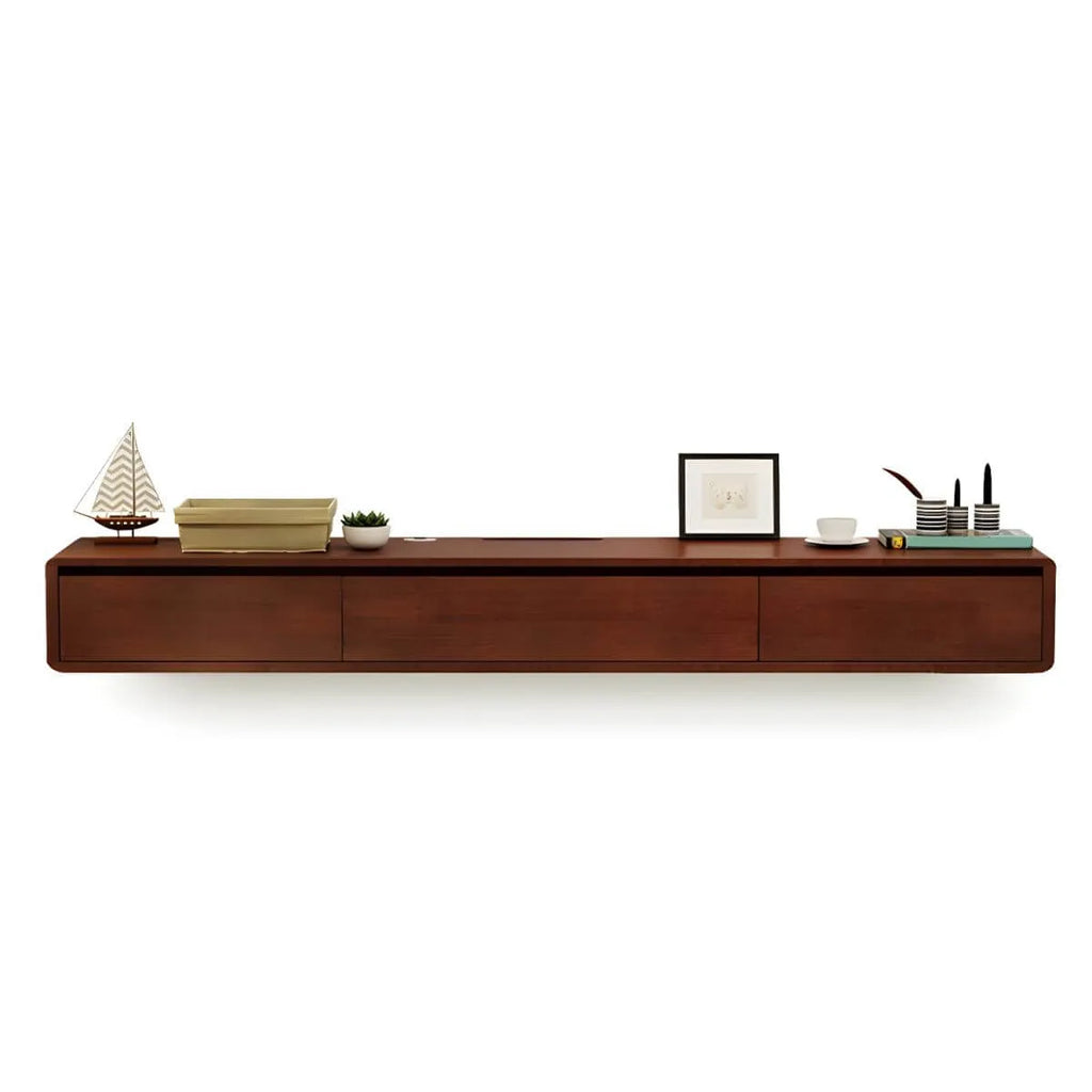Modern Floating Rubber Wood TV Stand with Hidden Storage & Cable Management