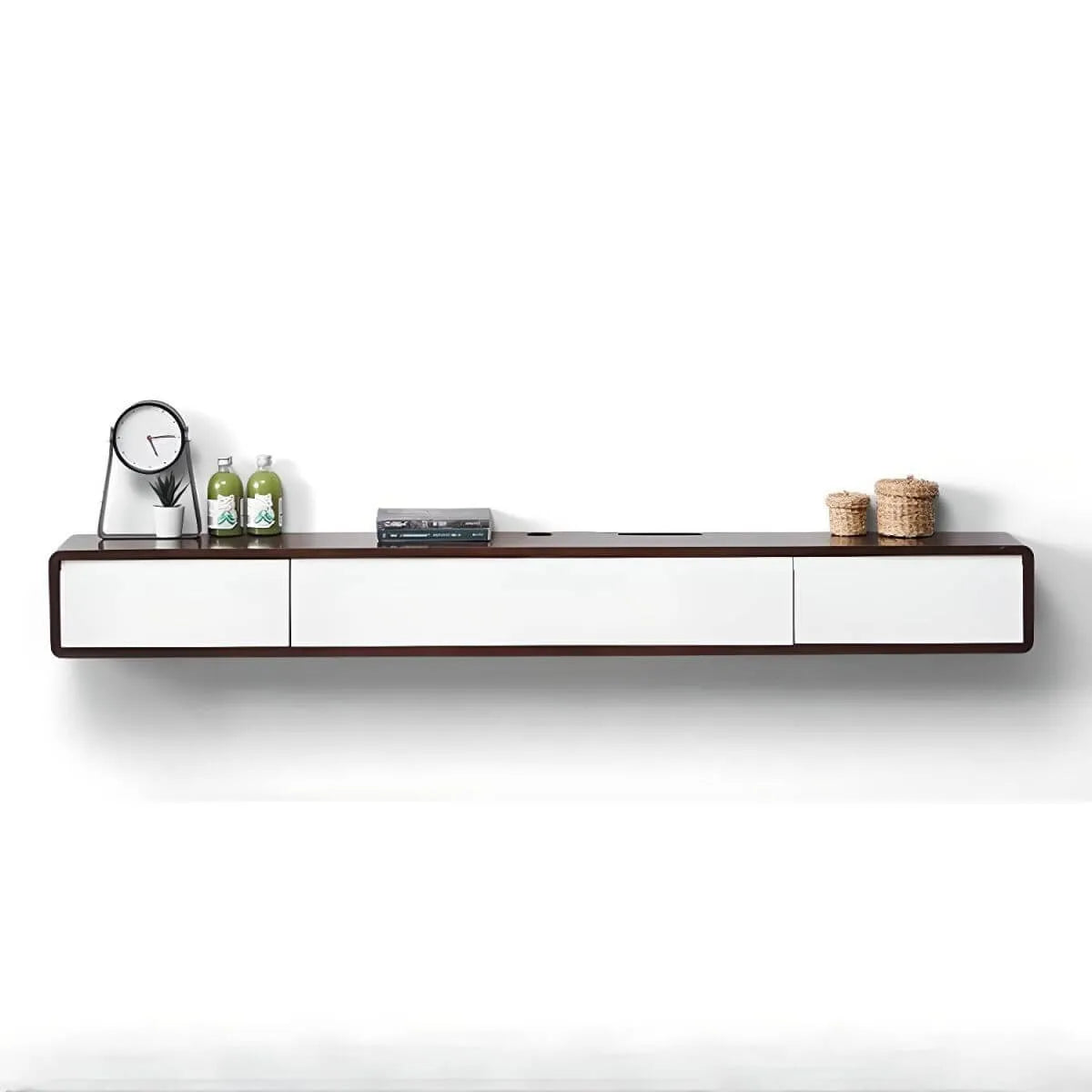 Modern Floating Rubber Wood TV Stand with Hidden Storage & Cable Management