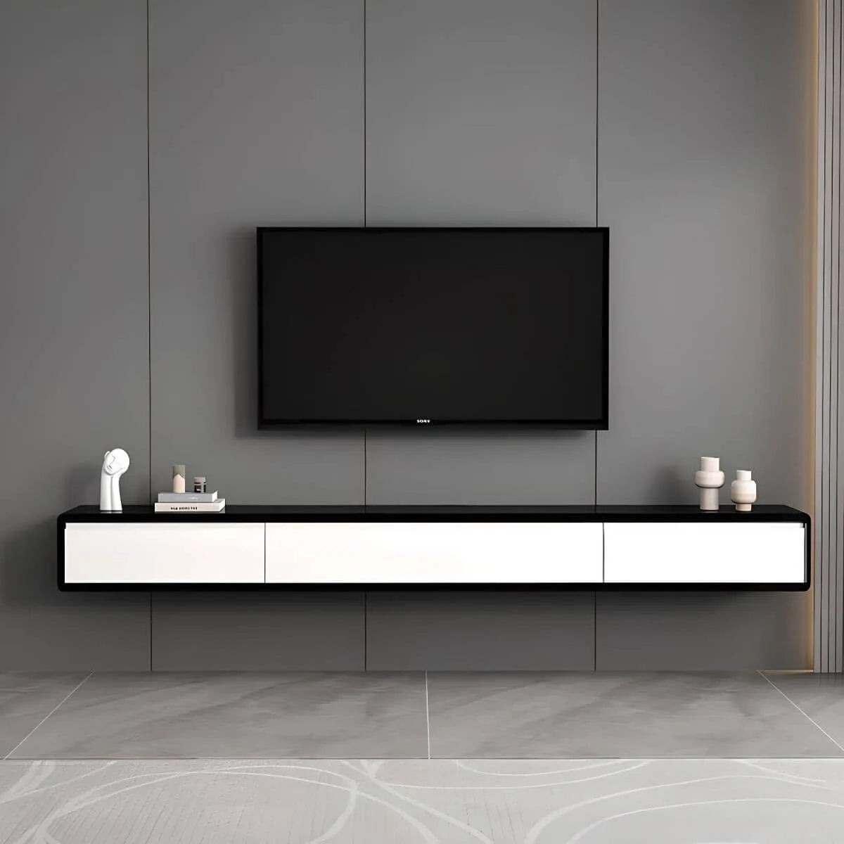 Modern Floating Rubber Wood TV Stand with Hidden Storage & Cable Management Secondary image