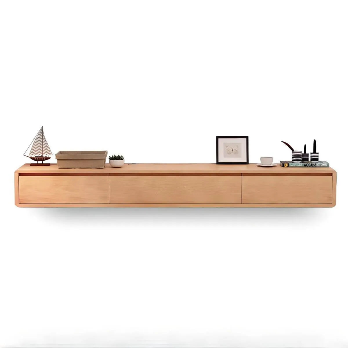 Modern Floating Rubber Wood TV Stand with Hidden Storage & Cable Management