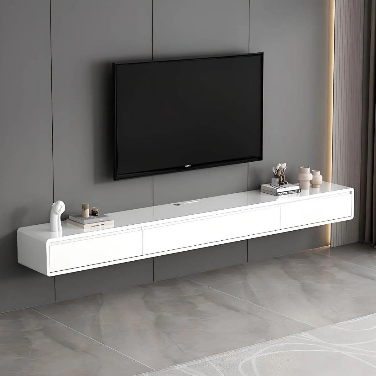 Modern Floating Rubber Wood TV Stand with Hidden Storage & Cable Management