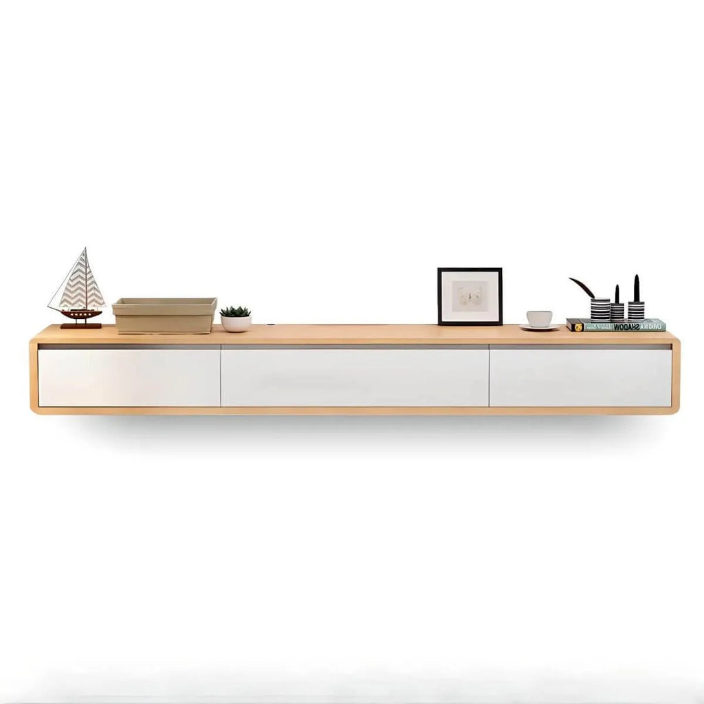 Modern Floating Rubber Wood TV Stand with Hidden Storage & Cable Management